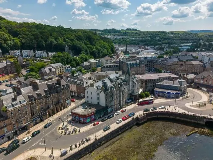 Framed Print : Aerial drone photo of the town centre in Oban. Oban is a coastal town in Scotland Framed Print : Aerial drone photo of the town centre in Oban. Oban is a coastal town in Scotland