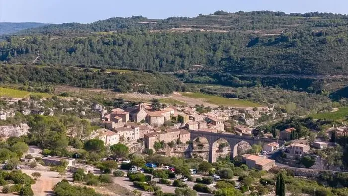 Framed Print : Aerial drone photo of the town named Minerve