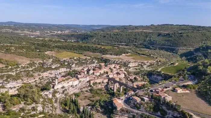 Framed Print : Aerial drone photo of the town named Minerve