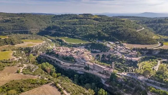 Framed Print : Aerial drone photo of the town named Minerve Framed Print : Aerial drone photo of the town named Minerve
