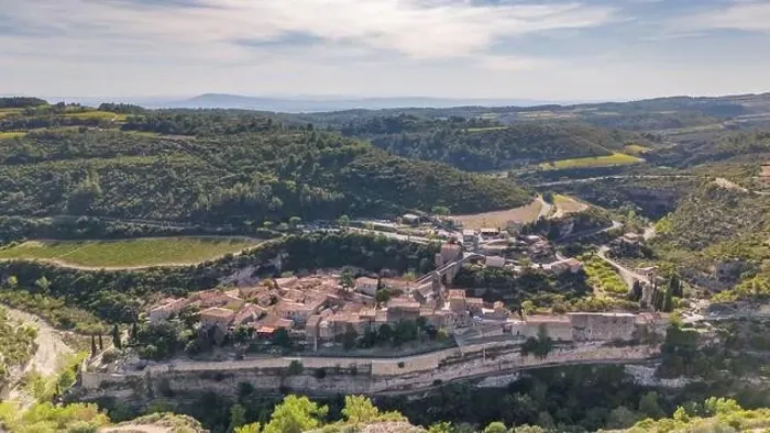 Framed Print : Aerial drone photo of the town named Minerve Framed Print : Aerial drone photo of the town named Minerve