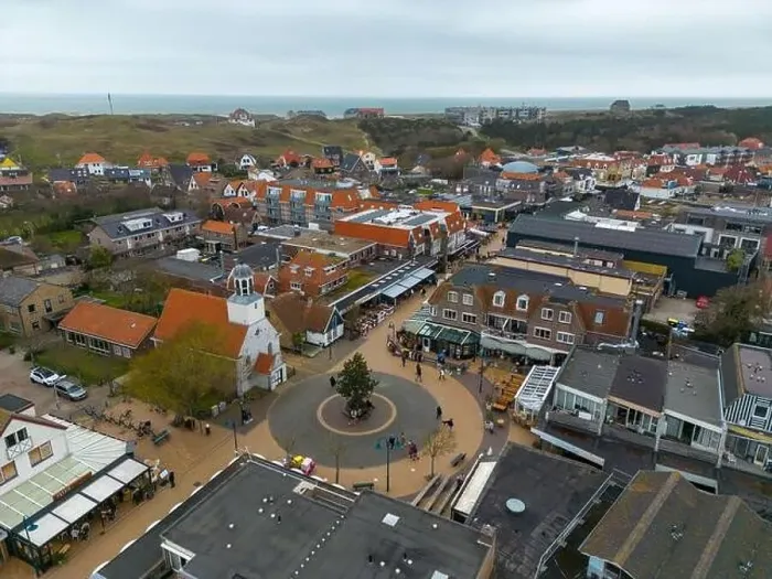 Framed Print : Aerial drone photo of the town square and church in de Koog Framed Print : Aerial drone photo of the town square and church in de Koog
