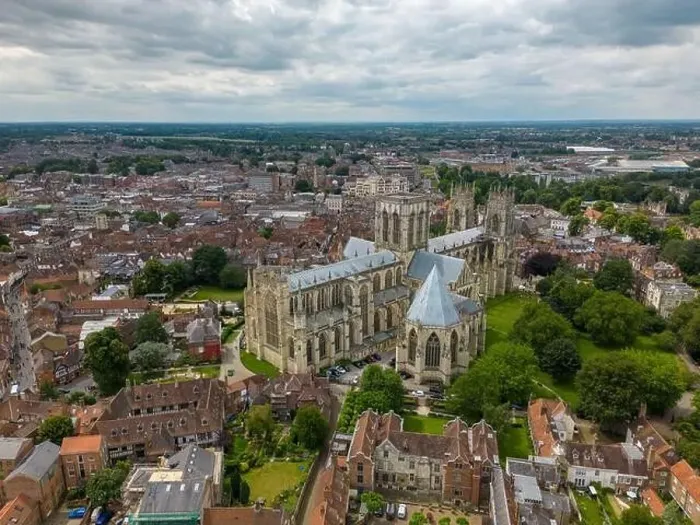 Framed Print : Aerial drone photo of the York Minster, a huge cathedral in York England Framed Print : Aerial drone photo of the York Minster, a huge cathedral in York England