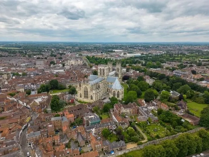 Framed Print : Aerial drone photo of the York Minster, a huge cathedral in York England Framed Print : Aerial drone photo of the York Minster, a huge cathedral in York England