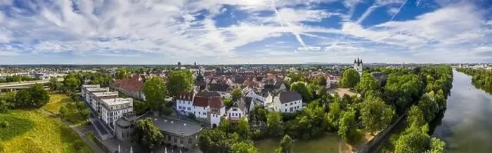 Framed Print : Aerial drone picture of the historical city of Steinheim near Hanau at river Main in Germany during daytime