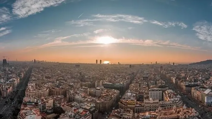 Framed Print : Aerial drone shot of Barcelona center with beach sunrise Framed Print : Aerial drone shot of Barcelona center with beach sunrise