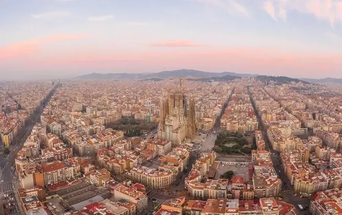 Framed Print : Aerial drone shot of Barcelona city center with Montjuic in early morning before sunrise in Spain winter dawn Framed Print : Aerial drone shot of Barcelona city center with Montjuic in early morning before sunrise in Spain winter dawn