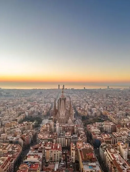 Framed Print : Aerial drone shot of Barcelona city before sunrise golden hour Framed Print : Aerial drone shot of Barcelona city before sunrise golden hour