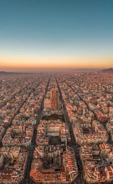 Framed Print : Aerial drone shot of Barcelona city before sunrise golden hour Framed Print : Aerial drone shot of Barcelona city before sunrise golden hour