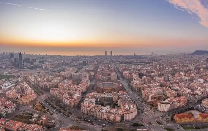 Framed Print : Aerial drone shot of Barcelona city before sunrise time Framed Print : Aerial drone shot of Barcelona city before sunrise time