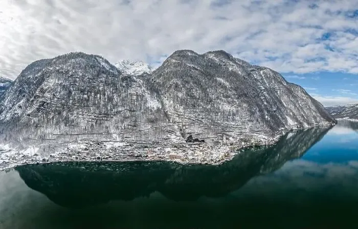 Framed Print : Aerial drone shot of beautiful Austria village Hallstatt at foot
