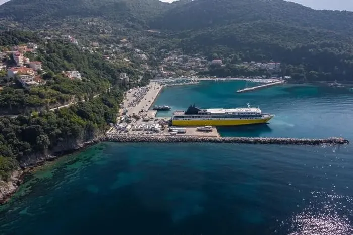 Framed Print : aerial drone shot of big cruise ship haled in Poros port of Kefalonia island in Greece Framed Print : aerial drone shot of big cruise ship haled in Poros port of Kefalonia island in Greece