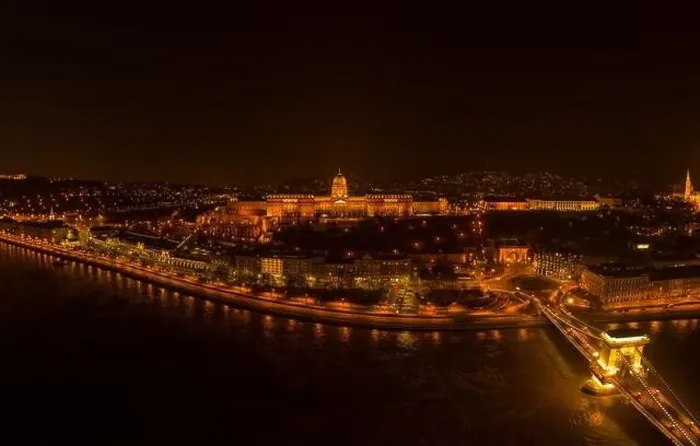 Framed Print : Aerial drone shot of Buda castle on Buda Hill in Budapest night with city lights on