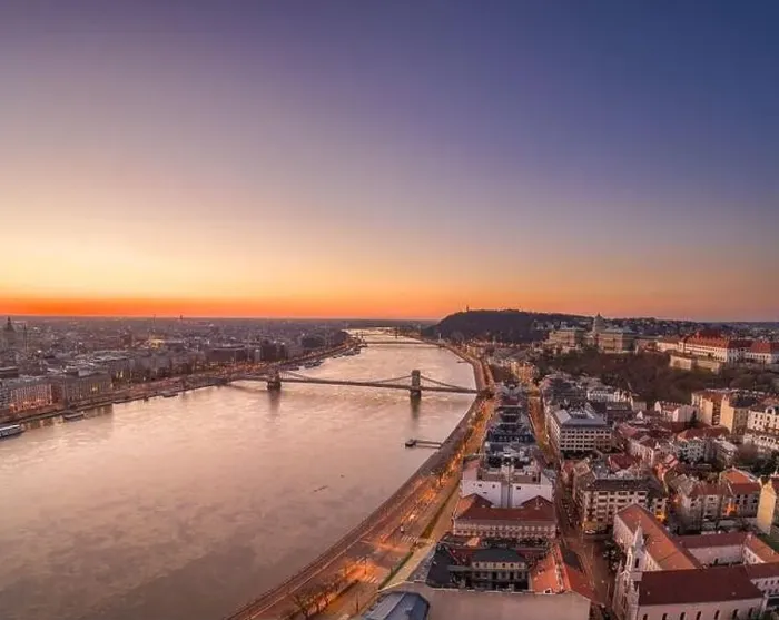 Framed Print : Aerial drone shot of Buda Hill by Danube river with chain bridge before Budapest sunrise Framed Print : Aerial drone shot of Buda Hill by Danube river with chain bridge before Budapest sunrise