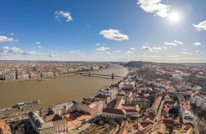 Framed Print : Aerial drone shot of Chain bridge over Danube from Buda hill in Budapest winter morning Framed Print : Aerial drone shot of Chain bridge over Danube from Buda hill in Budapest winter morning
