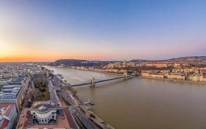 Framed Print : Aerial drone shot of chain bridge over danube river Buda castle before Budapest sunrise Framed Print : Aerial drone shot of chain bridge over danube river Buda castle before Budapest sunrise