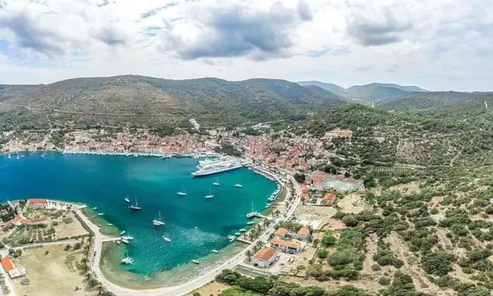 Framed Print : Aerial drone shot of cruise ferry at Adriatic sea port on Vis Island in Croatia summer Framed Print : Aerial drone shot of cruise ferry at Adriatic sea port on Vis Island in Croatia summer