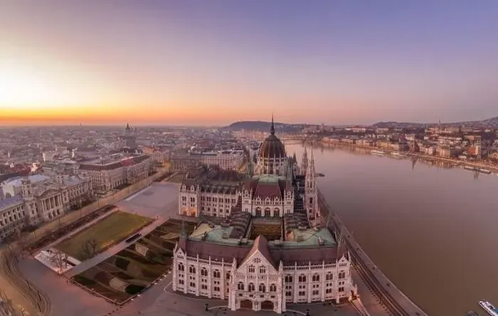 Framed Print : Aerial drone shot of Dome of Hungarian Parliament at dawn before sunrise in Budapest morning Framed Print : Aerial drone shot of Dome of Hungarian Parliament at dawn before sunrise in Budapest morning