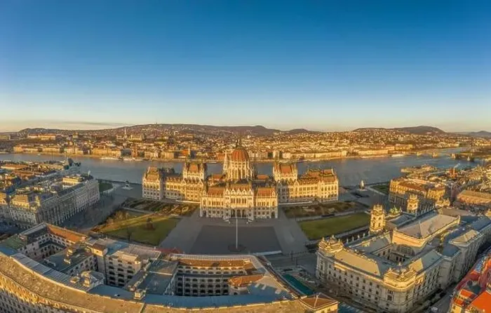 Framed Print : Aerial drone shot of east side facade of Hungarian Parliament Kossuth Square during Budapest sunrise Framed Print : Aerial drone shot of east side facade of Hungarian Parliament Kossuth Square during Budapest sunrise