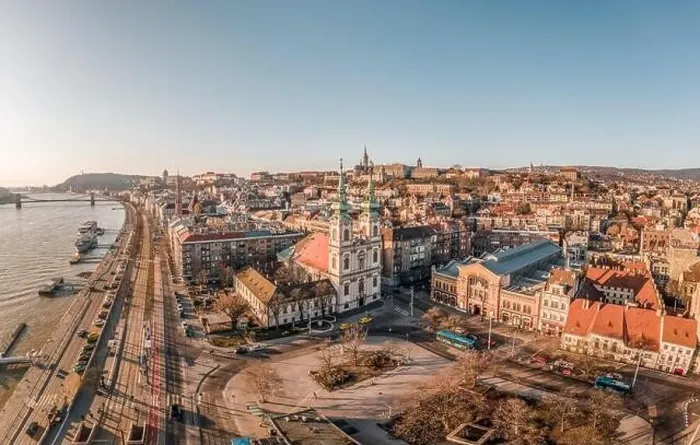 Framed Print : Aerial drone shot of facade of St. Anne Parish church during Budapest sunrise Framed Print : Aerial drone shot of facade of St. Anne Parish church during Budapest sunrise