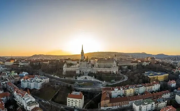 Framed Print : Aerial drone shot of Fisherman's Bastion on Buda Hill in Budapest sunset Framed Print : Aerial drone shot of Fisherman's Bastion on Buda Hill in Budapest sunset