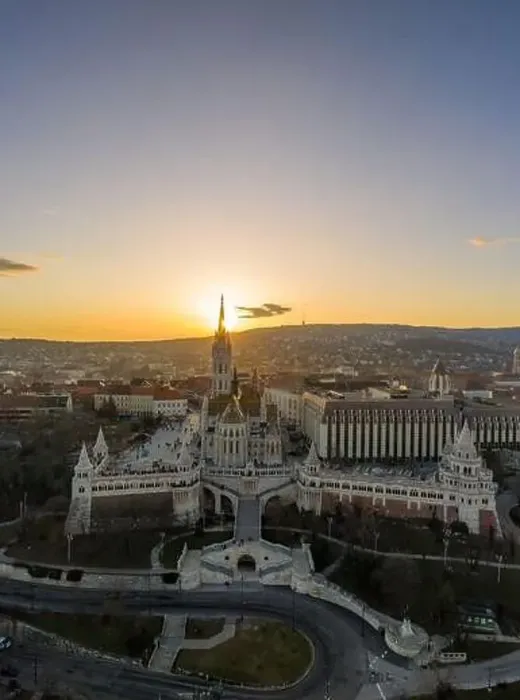 Framed Print : Aerial drone shot of Fisherman's Bastion on Buda Hill in Budapest sunset Framed Print : Aerial drone shot of Fisherman's Bastion on Buda Hill in Budapest sunset