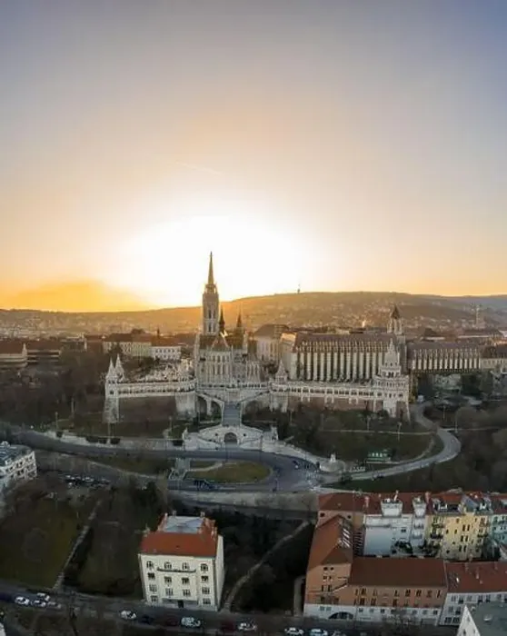 Framed Print : Aerial drone shot of Fisherman's Bastion on Buda Hill in Budapest sunset Framed Print : Aerial drone shot of Fisherman's Bastion on Buda Hill in Budapest sunset