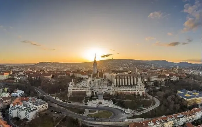 Framed Print : Aerial drone shot of Fisherman's Bastion on Buda Hill in Budapest sunset Framed Print : Aerial drone shot of Fisherman's Bastion on Buda Hill in Budapest sunset