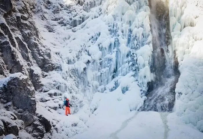 Framed Print : aerial drone shot of hiker with backpack