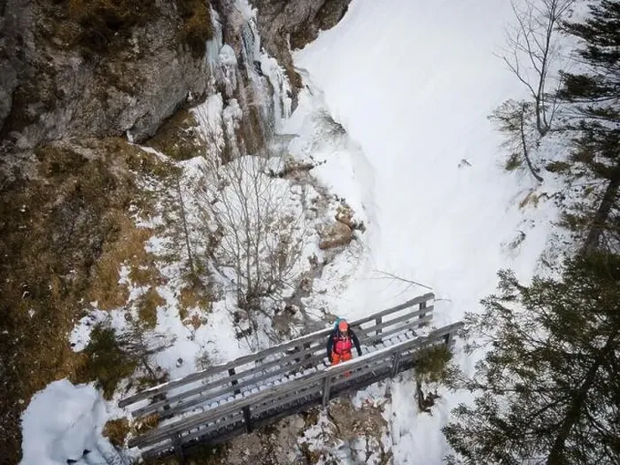 Framed Print : aerial drone shot of hiker with backpack Framed Print : aerial drone shot of hiker with backpack