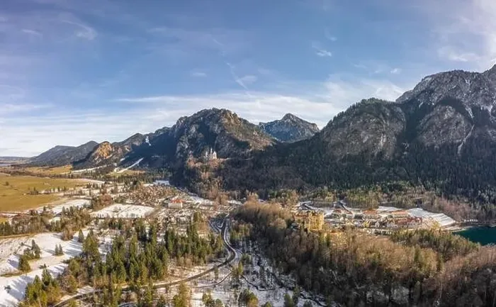 Framed Print : Aerial drone shot of Hohenschwangau in Fussen with view of Neuschwanstein castle in Germany winter Framed Print : Aerial drone shot of Hohenschwangau in Fussen with view of Neuschwanstein castle in Germany winter
