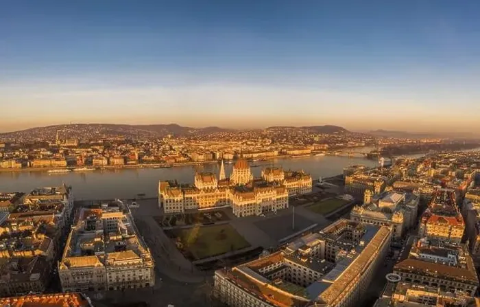 Framed Print : Aerial drone shot of Hungarian Parliament building during sunrise in Budapest Danube river Framed Print : Aerial drone shot of Hungarian Parliament building during sunrise in Budapest Danube river