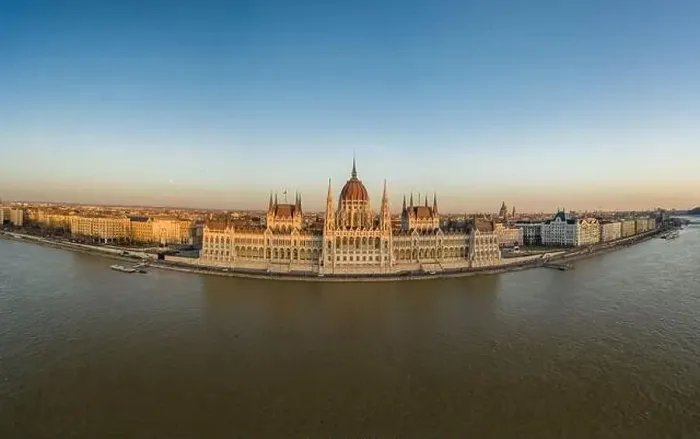 Framed Print : Aerial drone shot of Hungarian Parliament facade during Budapest sunset Framed Print : Aerial drone shot of Hungarian Parliament facade during Budapest sunset