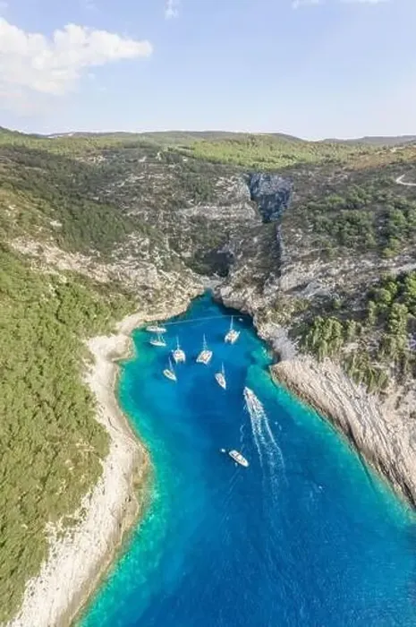 Framed Print : Aerial drone shot of iconic Stiniva cove beach of Adriatic sea on Vis Island in Croatia summer