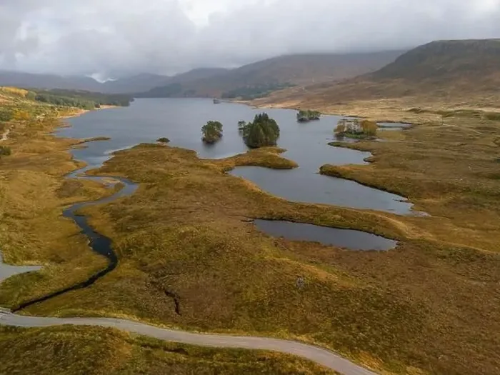 Framed Print : Aerial drone shot of Loch Ossian on Rannoch Moor Framed Print : Aerial drone shot of Loch Ossian on Rannoch Moor