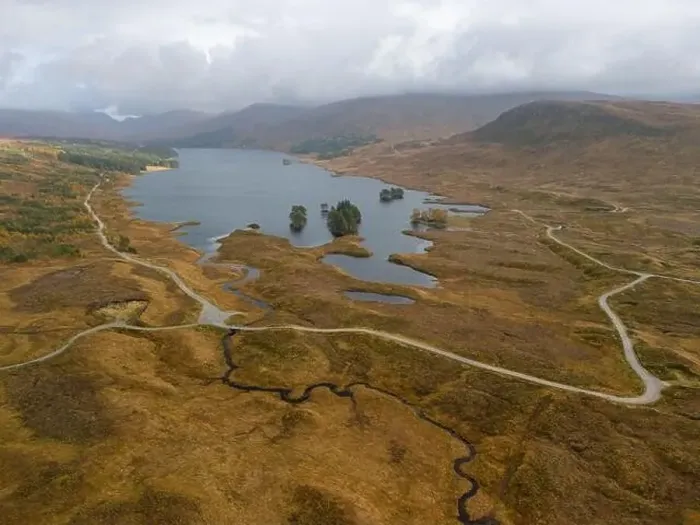 Framed Print : Aerial drone shot of Loch Ossian on Rannoch Moor Framed Print : Aerial drone shot of Loch Ossian on Rannoch Moor