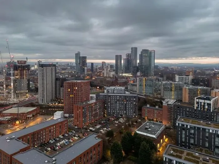 Framed Print : Aerial drone shot across Manchester shot from the west looking east at Deansgate Square, Manchester, UK Framed Print : Aerial drone shot across Manchester shot from the west looking east at Deansgate Square, Manchester, UK