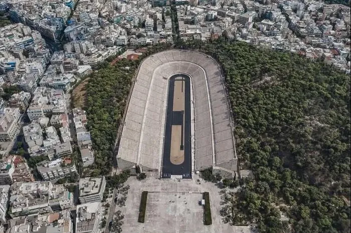 Framed Print : Aerial drone shot of marble Panathenaic Stadium in Pangrati Athens Framed Print : Aerial drone shot of marble Panathenaic Stadium in Pangrati Athens