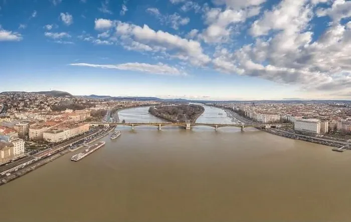 Framed Print : Aerial drone shot of Margret Bridge over Danube in Budapest winter morning with overcast Framed Print : Aerial drone shot of Margret Bridge over Danube in Budapest winter morning with overcast