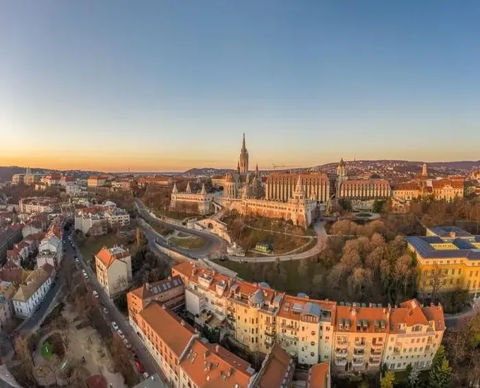 Framed Print : Aerial drone shot of Matthias Church on Buda hill during Budapest sunrise at dawn Framed Print : Aerial drone shot of Matthias Church on Buda hill during Budapest sunrise at dawn