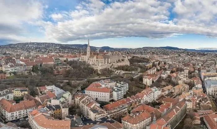Framed Print : Aerial drone shot of Matthias Church on Buda hill during Budapest before sunrise in winter morning Framed Print : Aerial drone shot of Matthias Church on Buda hill during Budapest before sunrise in winter morning