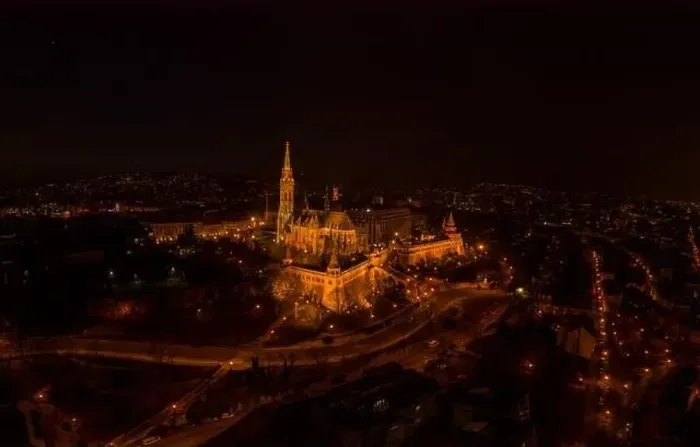 Framed Print : Aerial drone shot of Matthias Church on Buda hill on Fisherman Bastion in Budapest night Framed Print : Aerial drone shot of Matthias Church on Buda hill on Fisherman Bastion in Budapest night