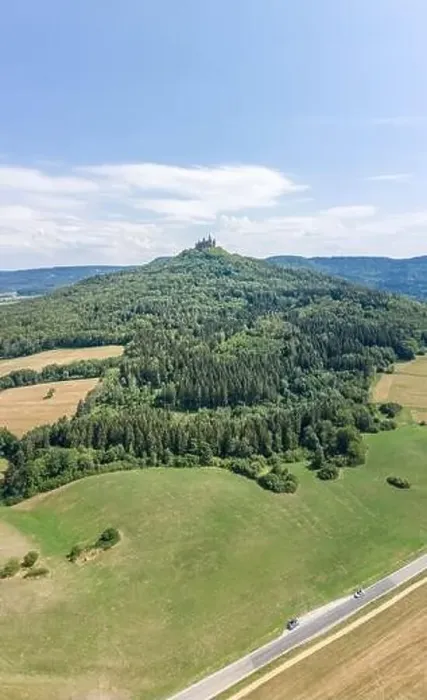 Framed Print : Aerial drone shot of Medival Hohenzollern Castle on hill near Stuttgart at summer noon Framed Print : Aerial drone shot of Medival Hohenzollern Castle on hill near Stuttgart at summer noon
