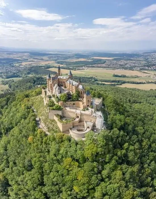 Framed Print : Aerial drone shot of Medival Hohenzollern Castle on hill near Stuttgart at summer noon Framed Print : Aerial drone shot of Medival Hohenzollern Castle on hill near Stuttgart at summer noon