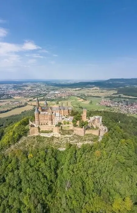 Framed Print : Aerial drone shot of Medival Hohenzollern Castle on hill near Stuttgart at summer noon Framed Print : Aerial drone shot of Medival Hohenzollern Castle on hill near Stuttgart at summer noon