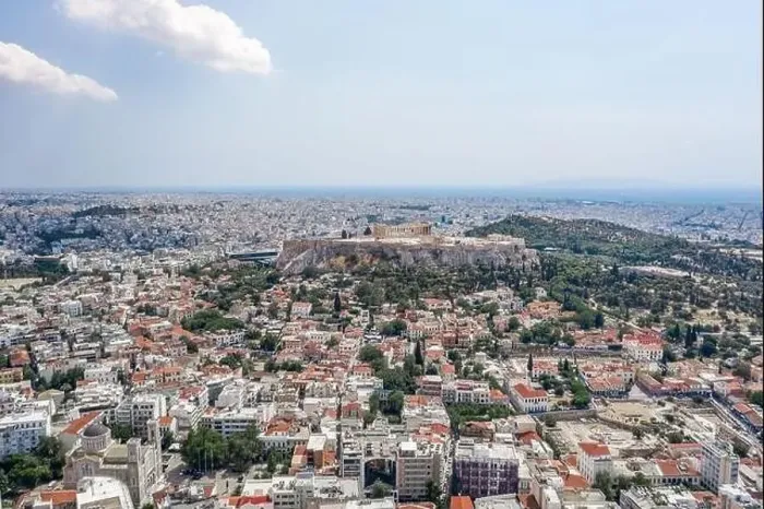 Framed Print : Aerial drone shot of northern side of Acropoli and Filopappou Hill in Athens