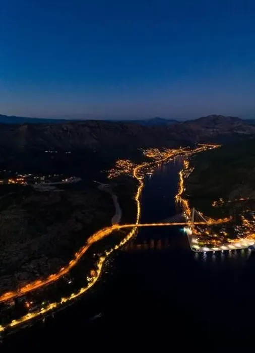 Framed Print : Aerial drone shot of Port Gruz by Dubrovnik bridge with lights in Croatia summer at dusk Framed Print : Aerial drone shot of Port Gruz by Dubrovnik bridge with lights in Croatia summer at dusk