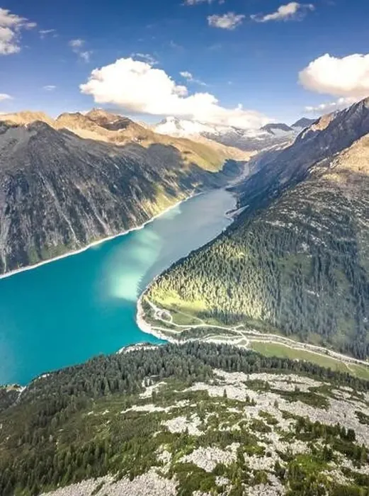 Framed Print : Aerial drone shot of Schlegeisspeicher glacier reservoir in zillertal alps in Austria Framed Print : Aerial drone shot of Schlegeisspeicher glacier reservoir in zillertal alps in Austria