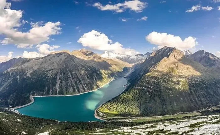 Framed Print : Aerial drone shot of Schlegeisspeicher glacier reservoir in zillertal alps in Austria Framed Print : Aerial drone shot of Schlegeisspeicher glacier reservoir in zillertal alps in Austria