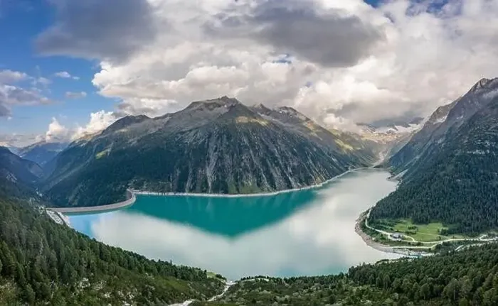 Framed Print : Aerial drone shot of Schlegeisspeicher resevoir with galcier view at dusk Framed Print : Aerial drone shot of Schlegeisspeicher resevoir with galcier view at dusk